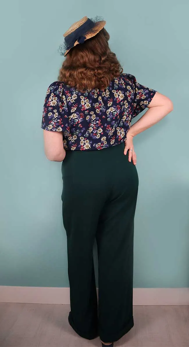 1930s and 40s Classic High Waist Wide Leg Trousers in Bottle Green