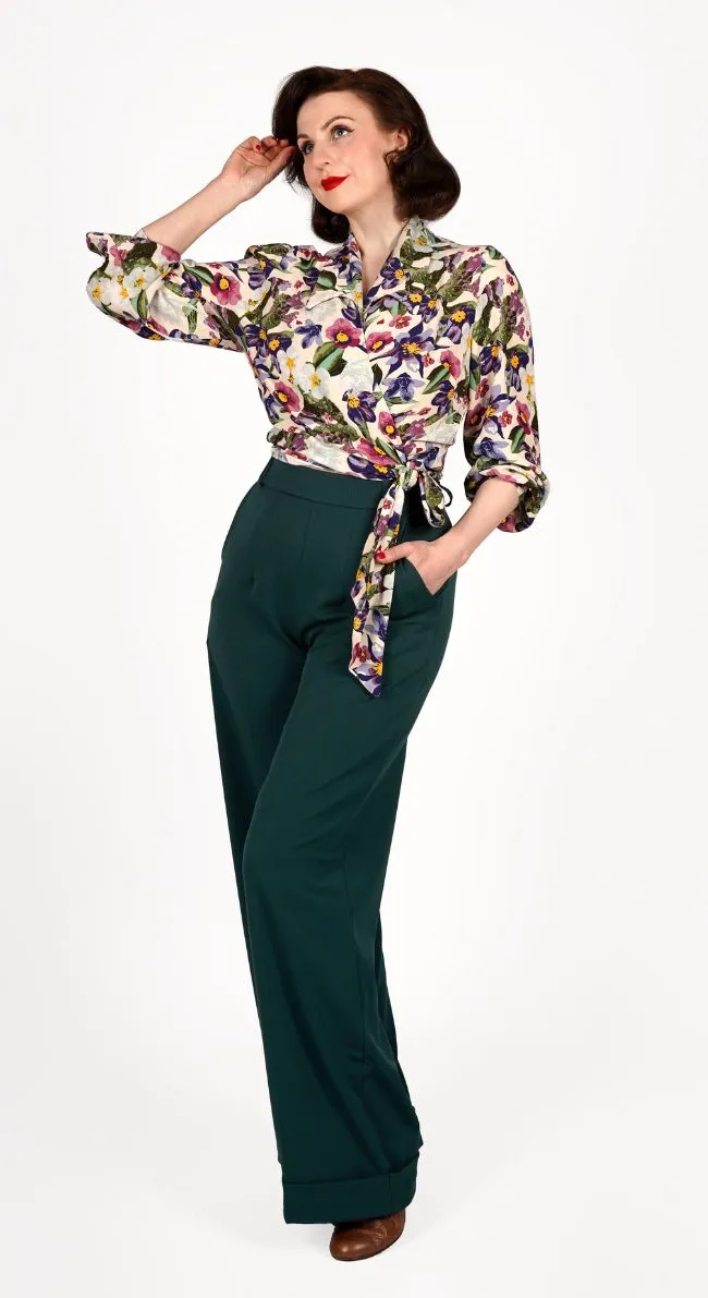 1930s and 40s Classic High Waist Wide Leg Trousers in Bottle Green