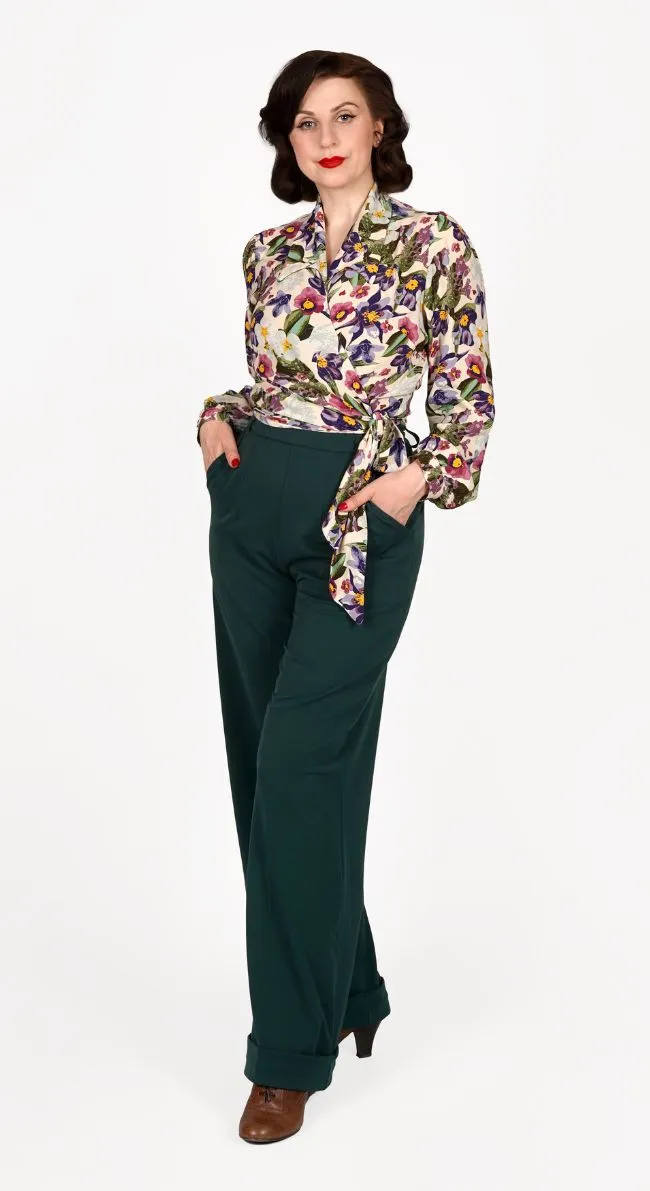 1930s and 40s Classic High Waist Wide Leg Trousers in Bottle Green