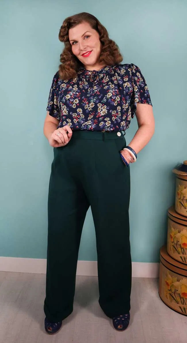 1930s and 40s Classic High Waist Wide Leg Trousers in Bottle Green