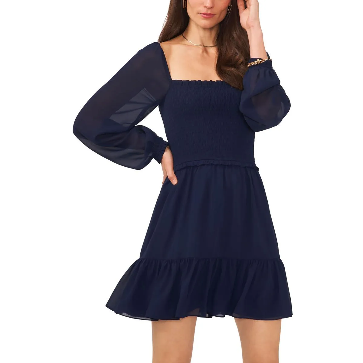 1.State Womens Chiffon Smocked Mini Dress