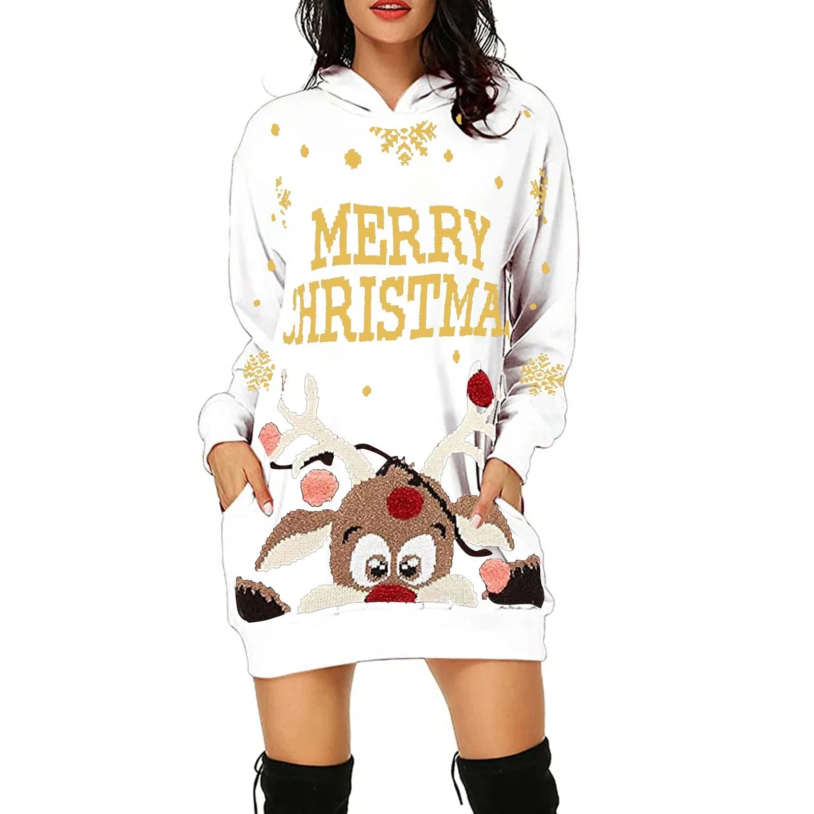 Amy Fashion - Christmas Hoodie Bag Hip Pocket Elk Sweater Dress