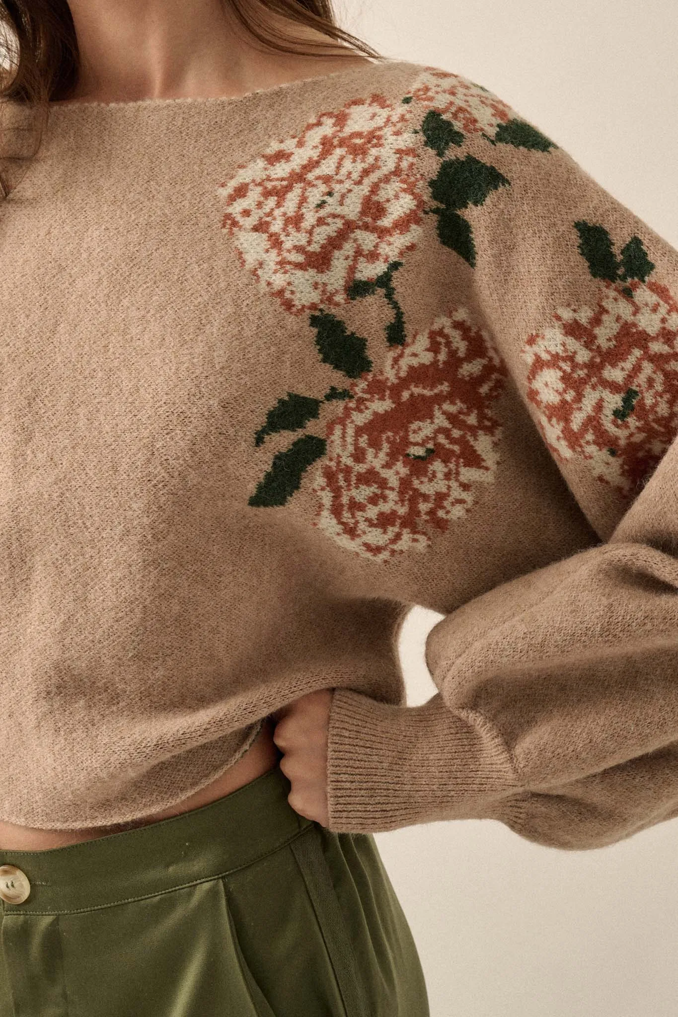 Autumn Blooms Floral Knit Boat Neck Sweater
