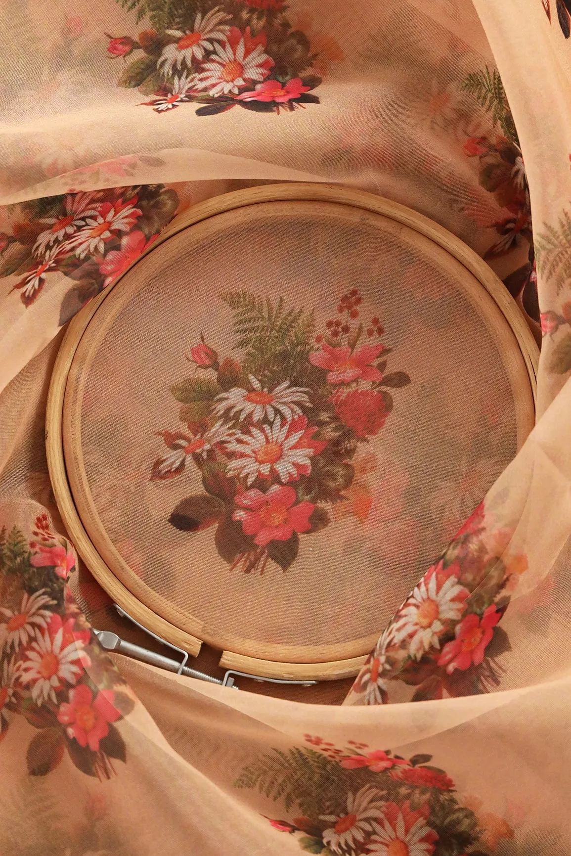 Beautiful Multi Color Floral Butta Digital Print On Beige Organza Fabric