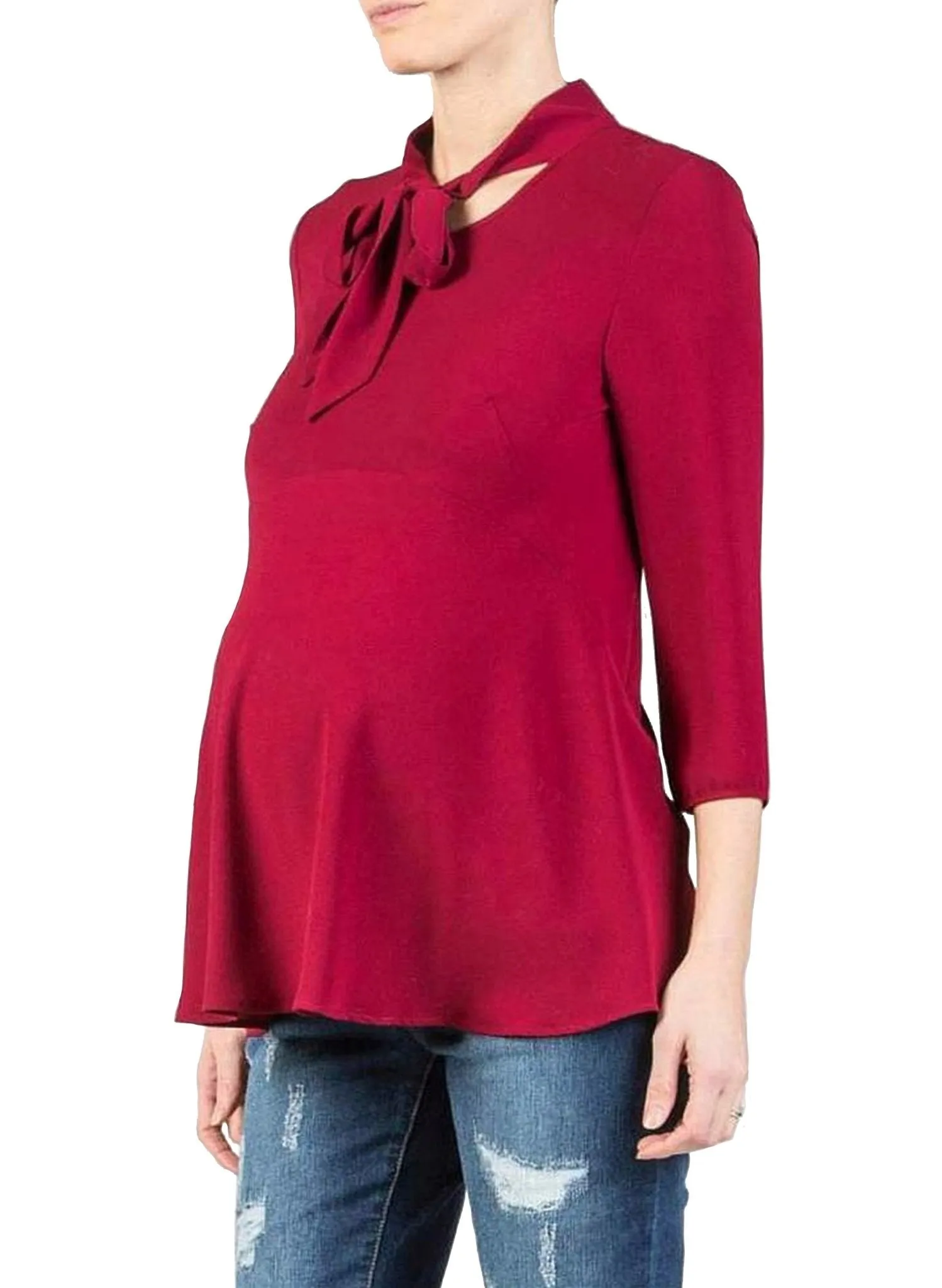 Bow Neck Maternity Shirt - Red