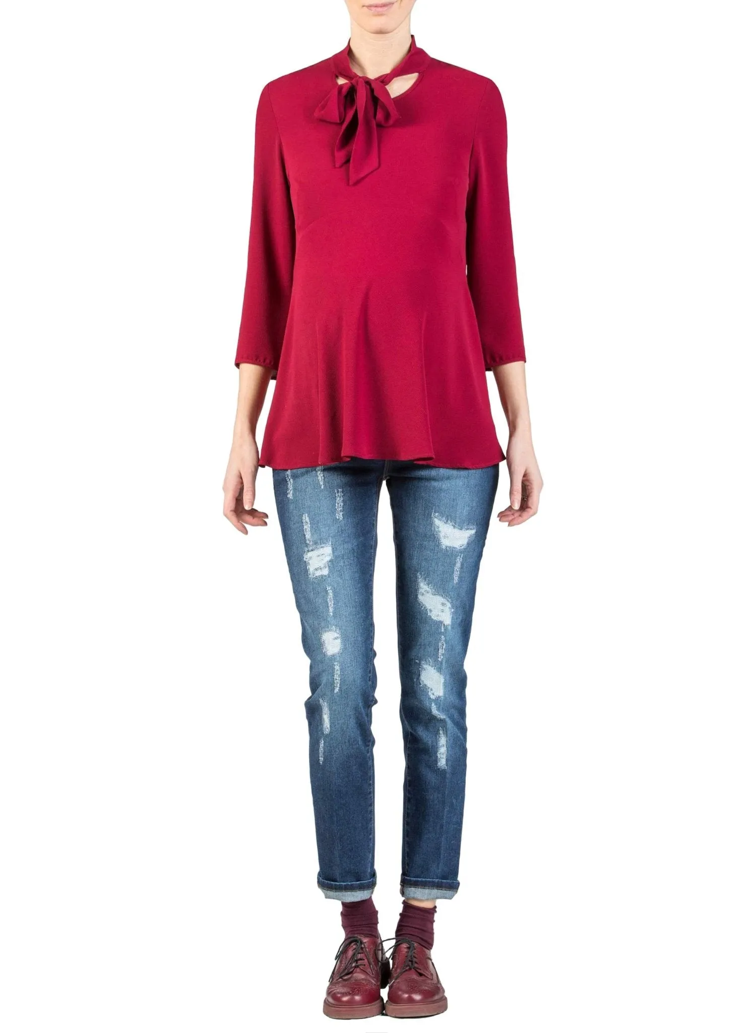 Bow Neck Maternity Shirt - Red