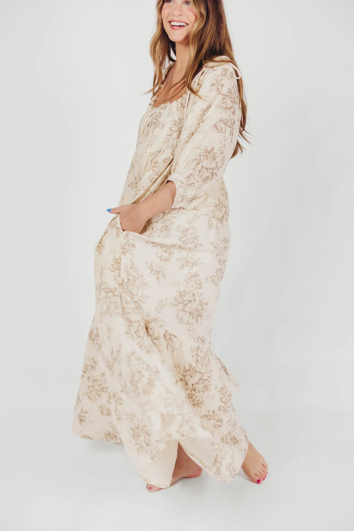 Cara 100% Cotton Maxi Dress in Brown Floral (Restocking End of Sept)