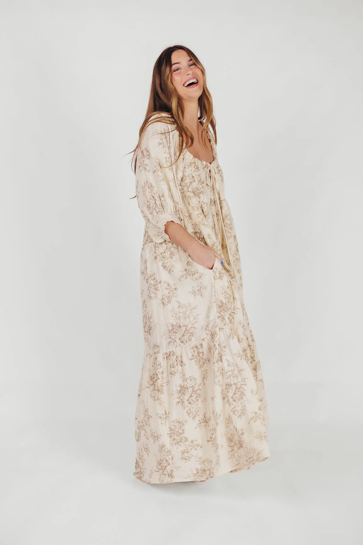 Cara 100% Cotton Maxi Dress in Brown Floral (Restocking End of Sept)