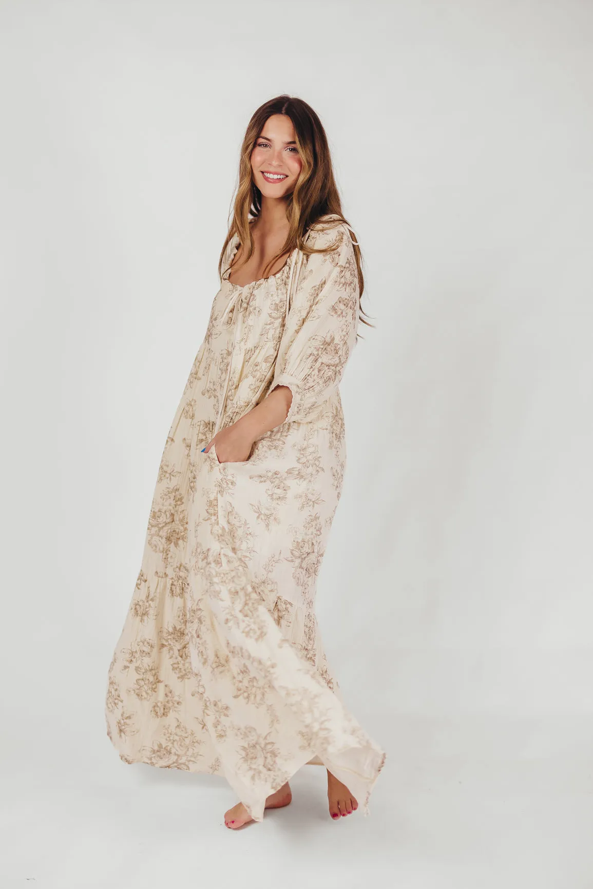Cara 100% Cotton Maxi Dress in Brown Floral (Restocking End of Sept)