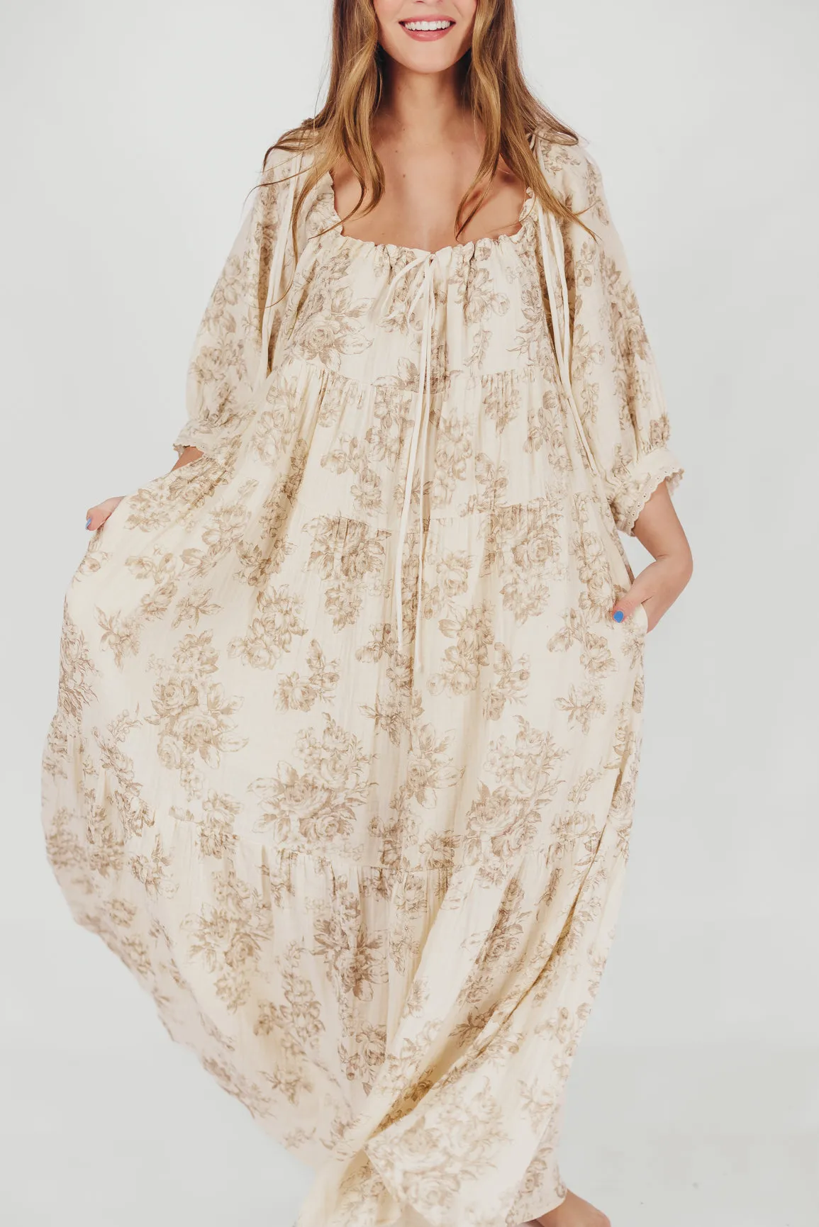 Cara 100% Cotton Maxi Dress in Brown Floral (Restocking End of Sept)