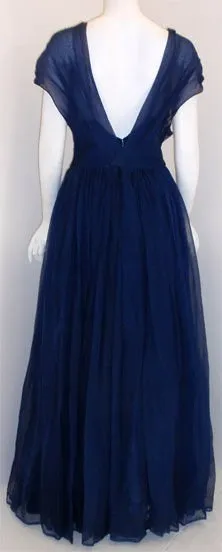 CHRISTIAN DIOR New York 1950s Navy Blue Chiffon Gown