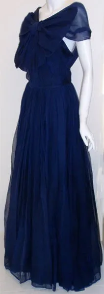 CHRISTIAN DIOR New York 1950s Navy Blue Chiffon Gown