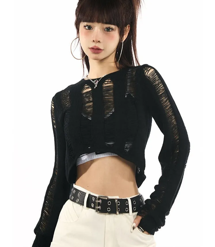 Distressed Cutout Back Drawstring Crop Top