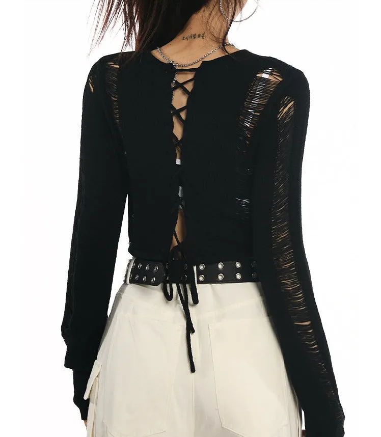 Distressed Cutout Back Drawstring Crop Top