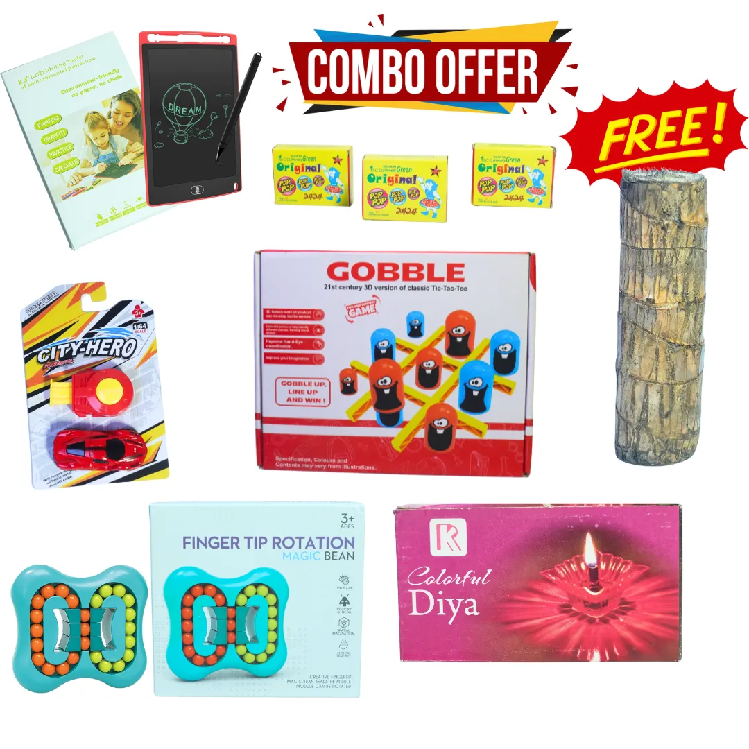 Diwali Special 6 in 1 Combo - 12 Pc 3D Diya, Gobble Tic Tac Toe, FingerTip Rotation Magic Bean, 8.5 inch LCD Tablet