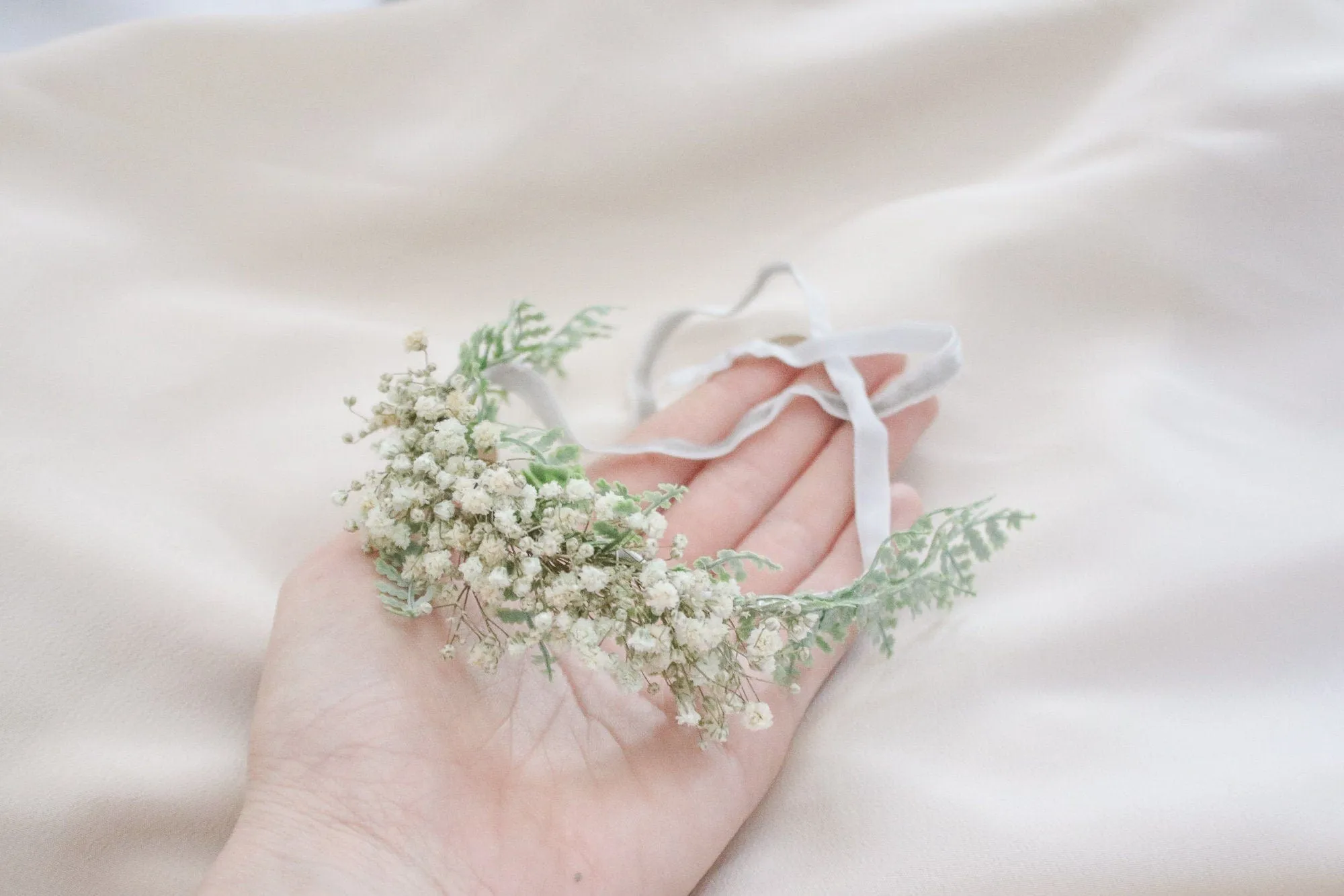 Dried Baby's Breath Flowers Flower Girl Crown, Baby Headband, Artificial Fern Bridal Crown