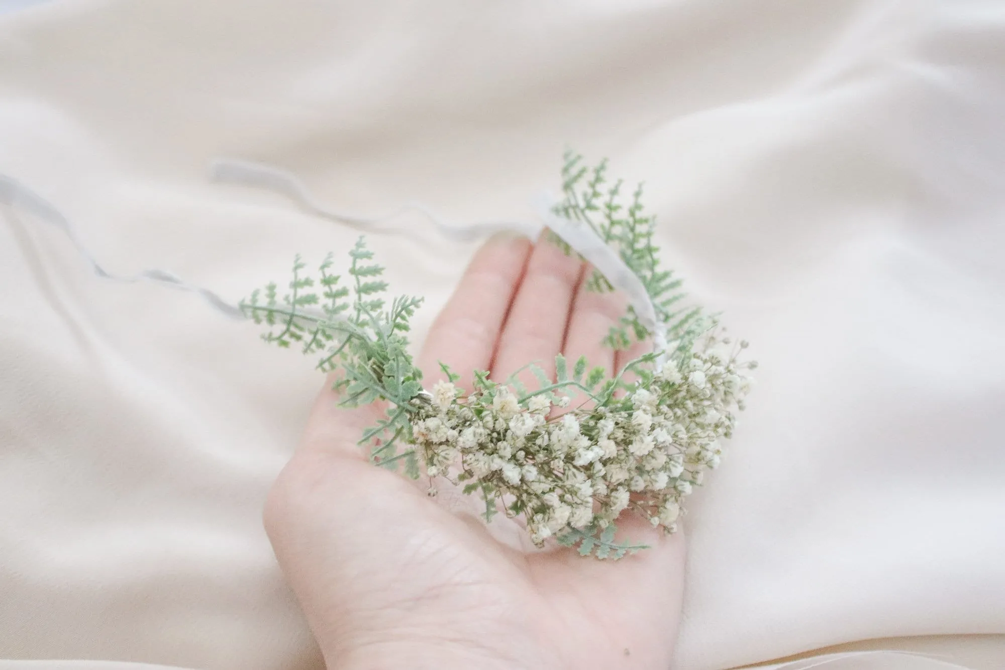 Dried Baby's Breath Flowers Flower Girl Crown, Baby Headband, Artificial Fern Bridal Crown