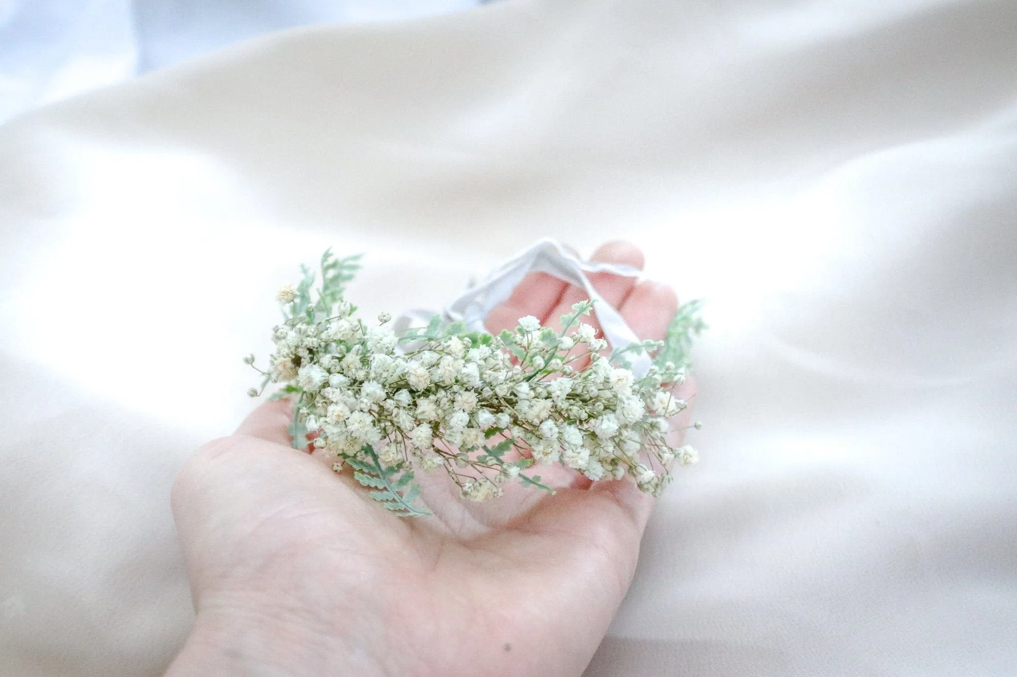 Dried Baby's Breath Flowers Flower Girl Crown, Baby Headband, Artificial Fern Bridal Crown