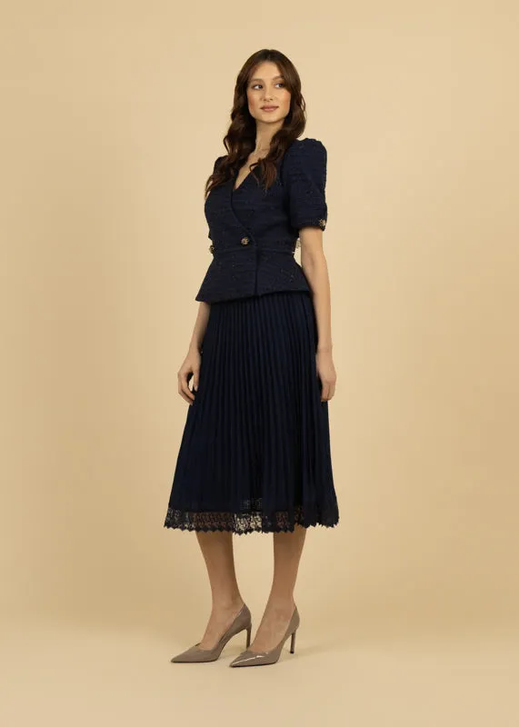 Fee G Taylor Skirt Pleated Plisse Midi Skirt in Navy