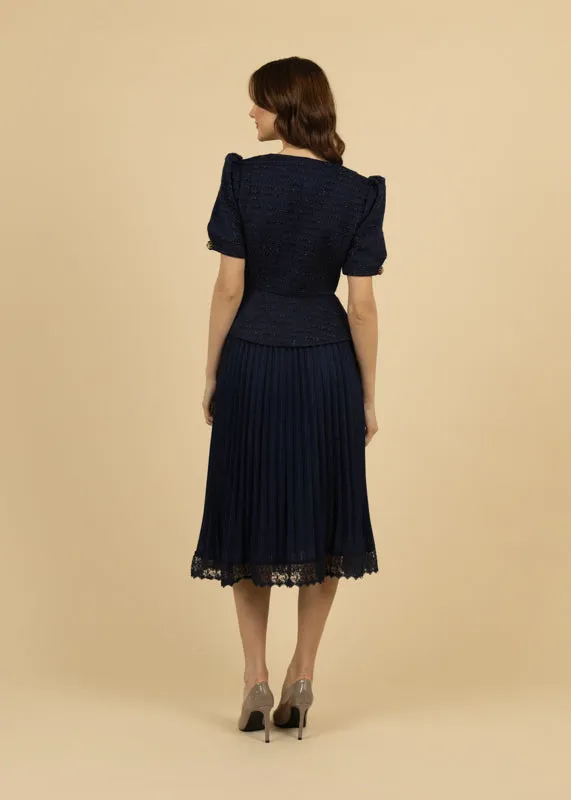 Fee G Taylor Skirt Pleated Plisse Midi Skirt in Navy