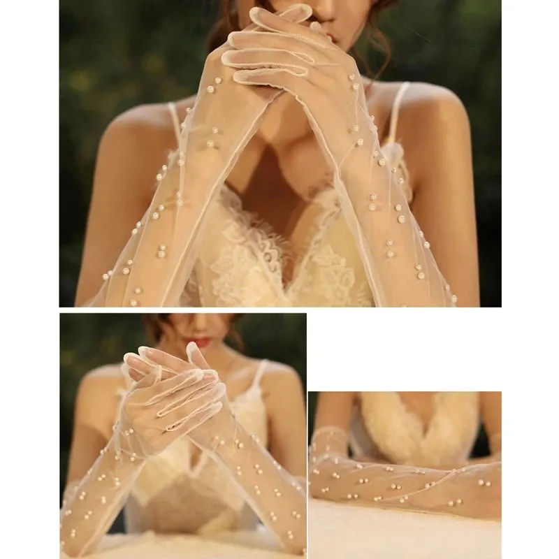 Long Tulle Gloves With Pearls Decoration Sheer Wedding Bridal Gloves Elbow Length For Costume Party Prom Dropshipping
