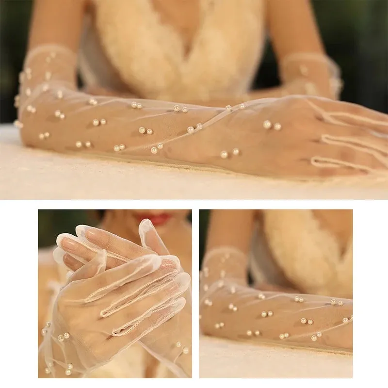 Long Tulle Gloves With Pearls Decoration Sheer Wedding Bridal Gloves Elbow Length For Costume Party Prom Dropshipping