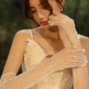 Long Tulle Gloves With Pearls Decoration Sheer Wedding Bridal Gloves Elbow Length For Costume Party Prom Dropshipping