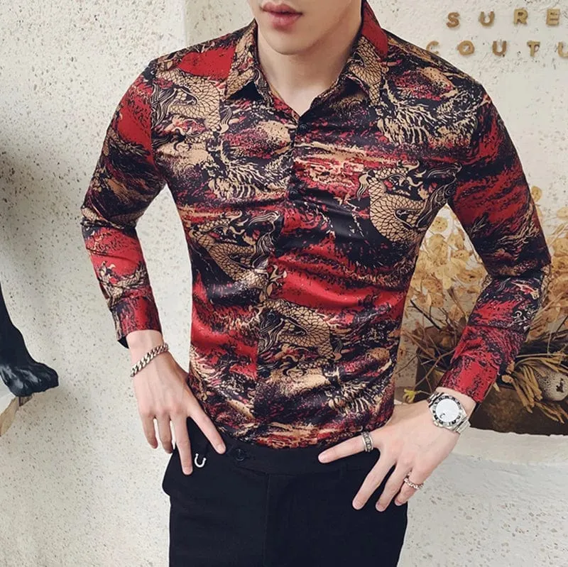 Men's Slim Fit Dragon Print Dress Shirt – Long Sleeve Button-Down Collar Business Shirt