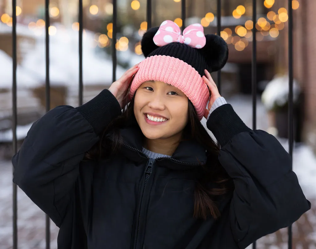 Minnie Mouse Pink and Black Double Pom Beanie