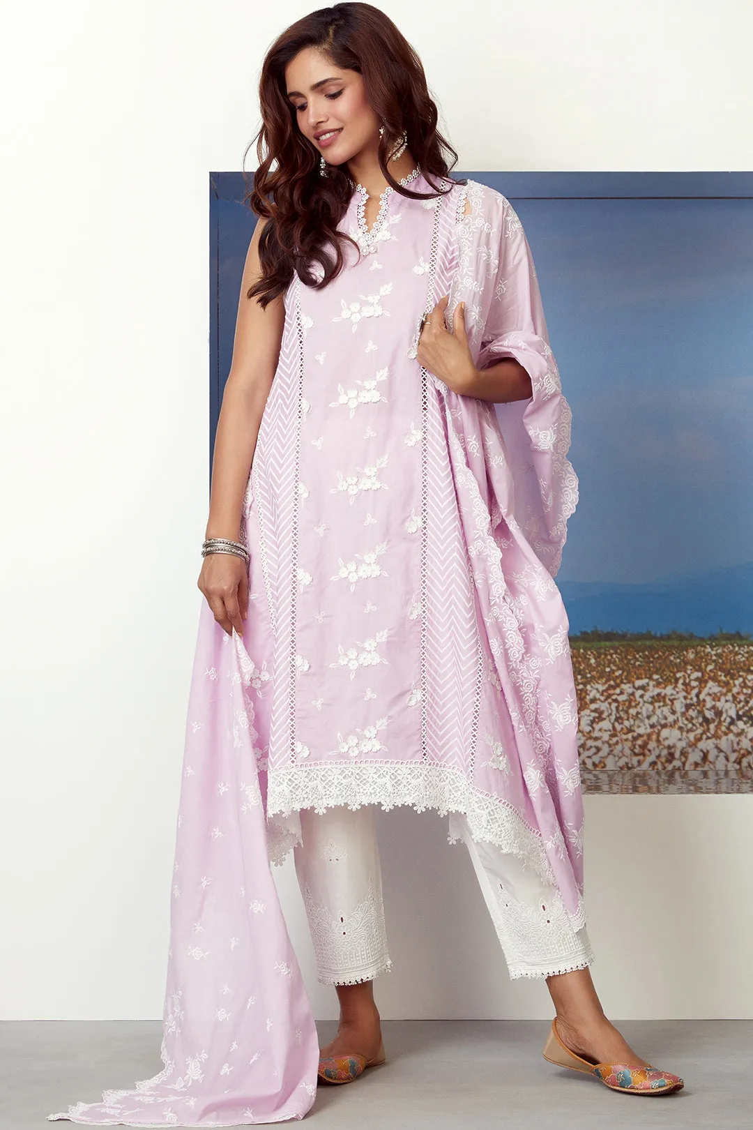Mulmul Cotton Glory Lilac Kurta