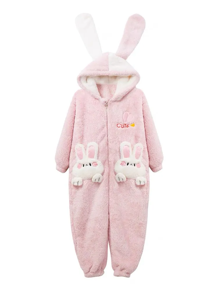 Pink Bunny Cozy Dreamy Winter Fleece One-Piece Pajama
