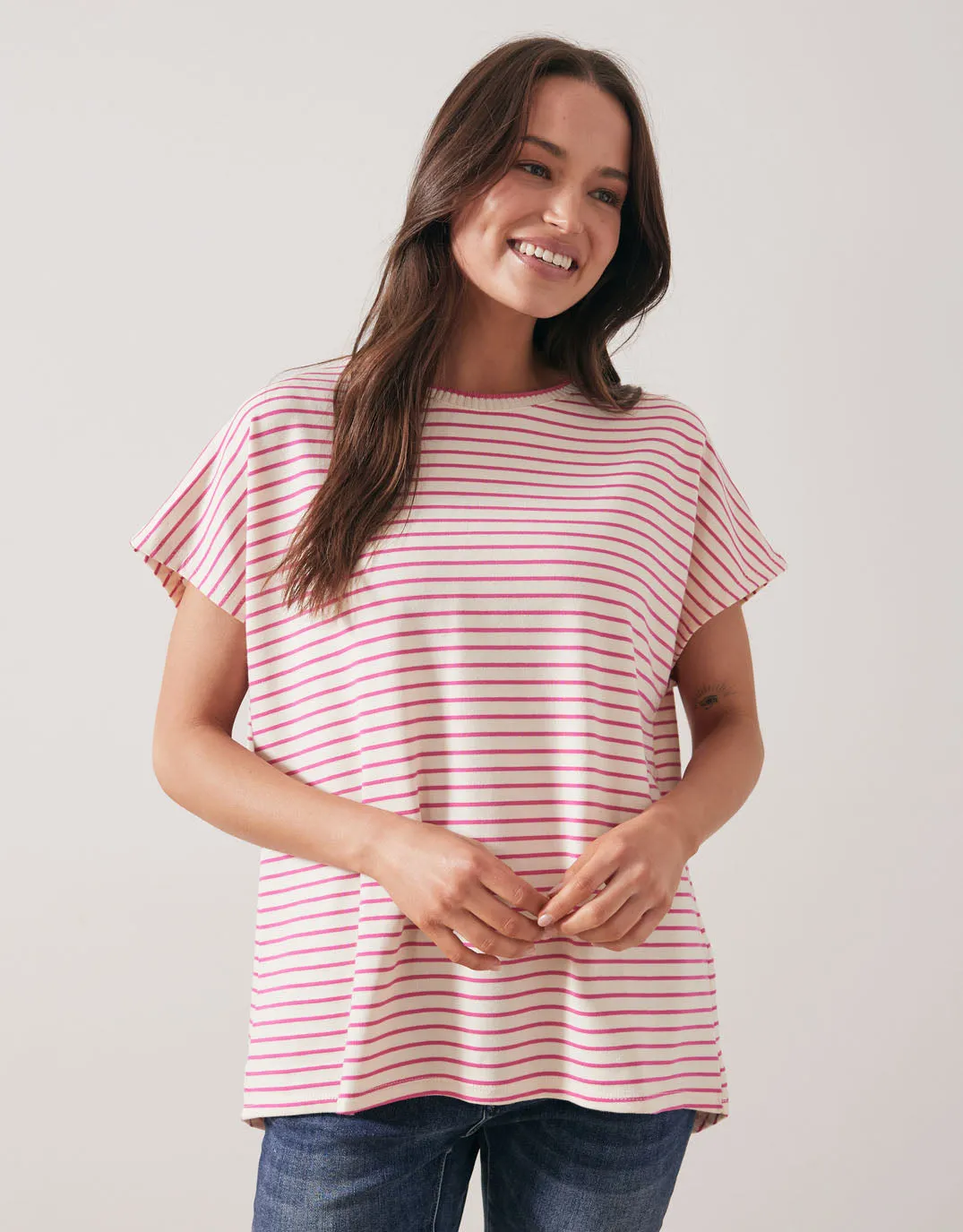 Striped Crew Neck Top - Cream/Fucshia