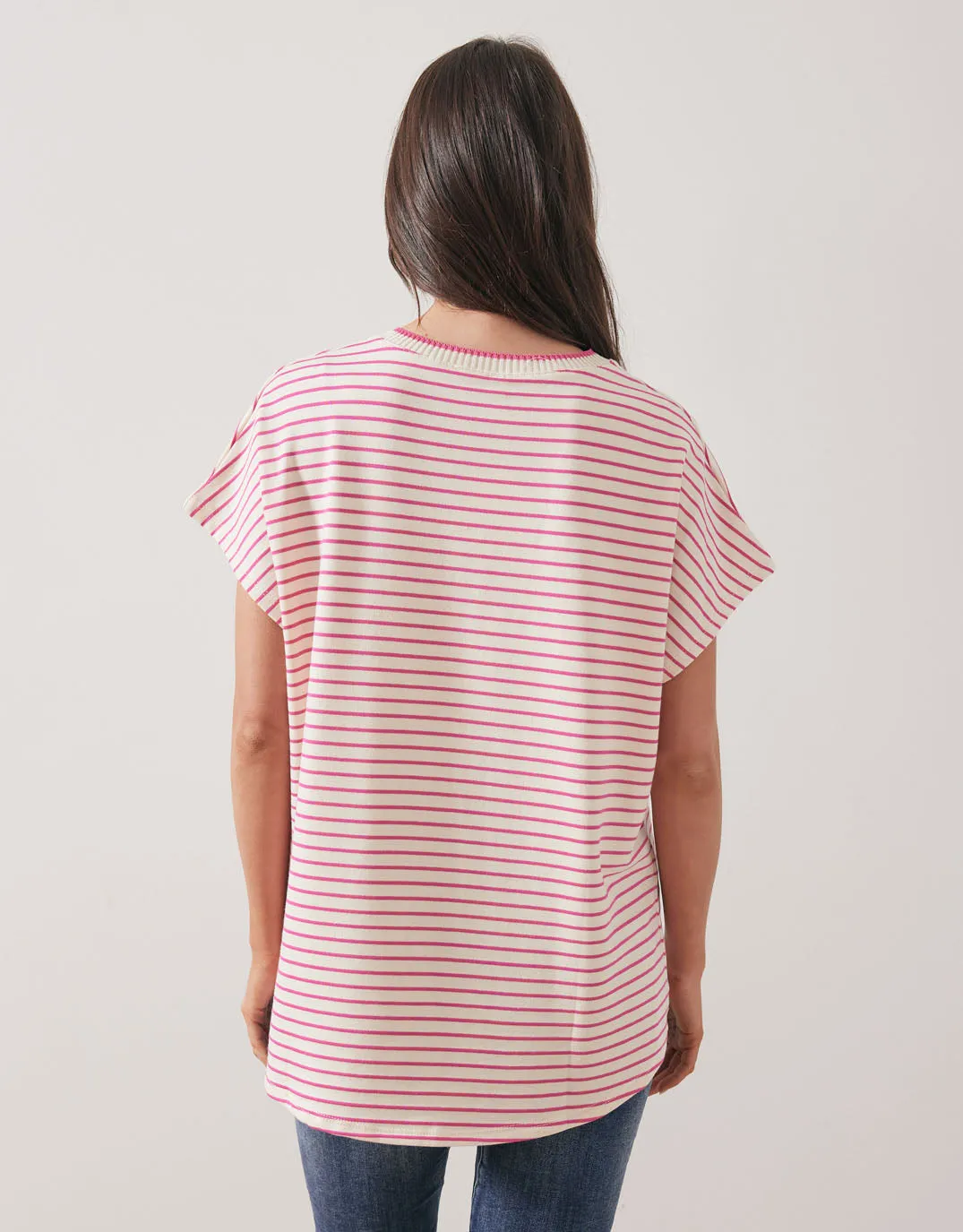 Striped Crew Neck Top - Cream/Fucshia
