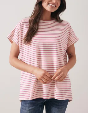 Striped Crew Neck Top - Cream/Fucshia