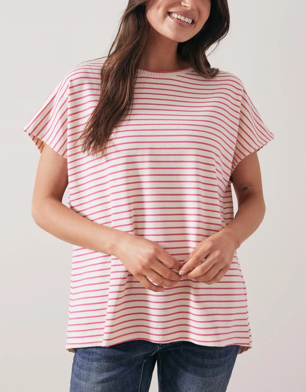 Striped Crew Neck Top - Cream/Fucshia