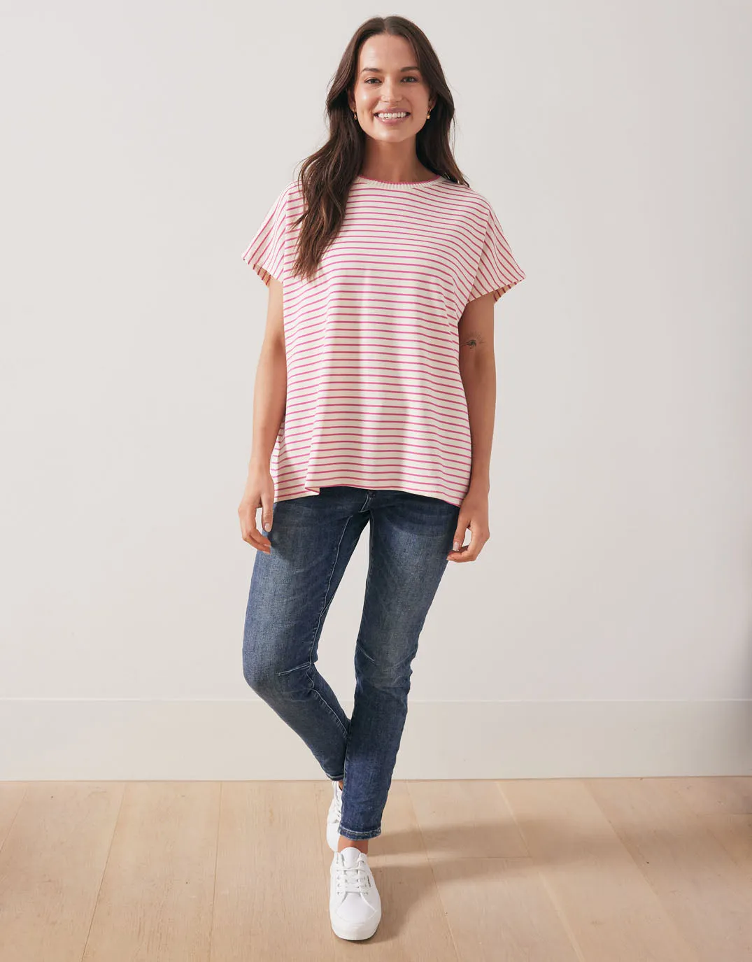 Striped Crew Neck Top - Cream/Fucshia