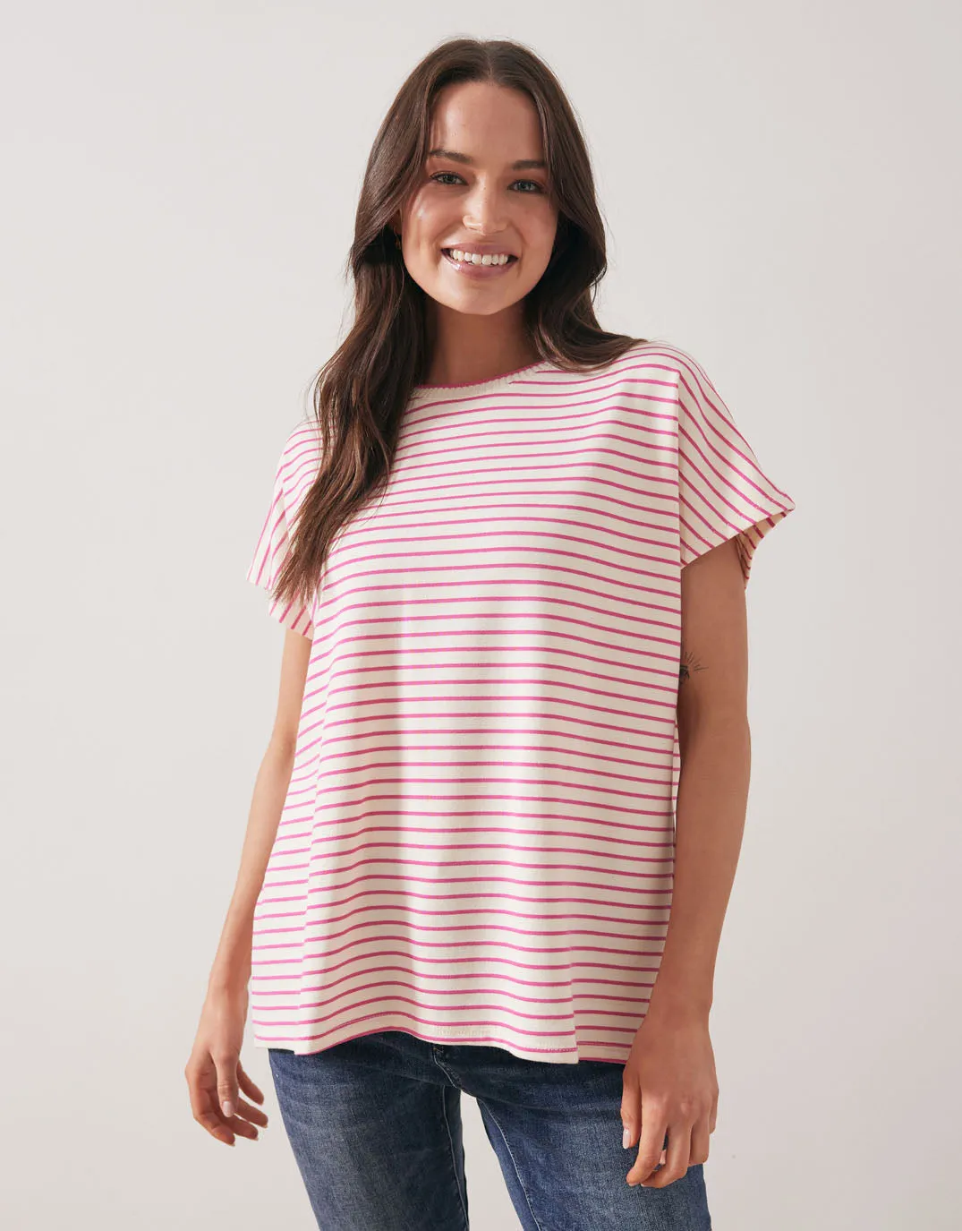 Striped Crew Neck Top - Cream/Fucshia